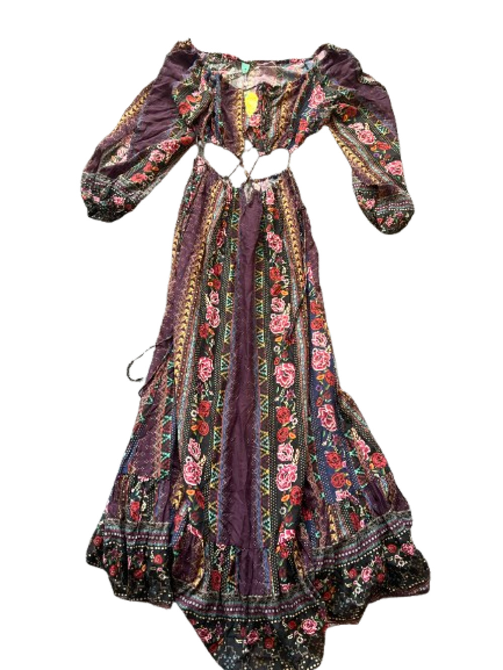 NWT FARM Rio Vinho Açaí Burgundy Floral Boho A-line Tiered Cut Out Maxi Dress L